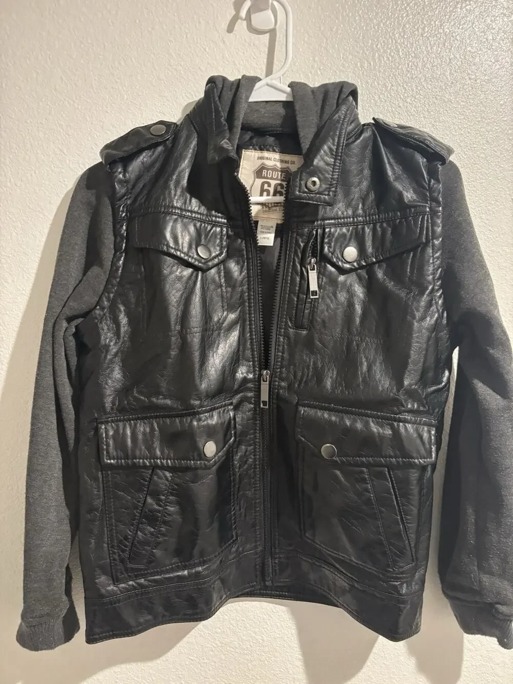 Route 66 Black Jacket With Hood Size 10/12 With 8 Pockets Boys Jacket
